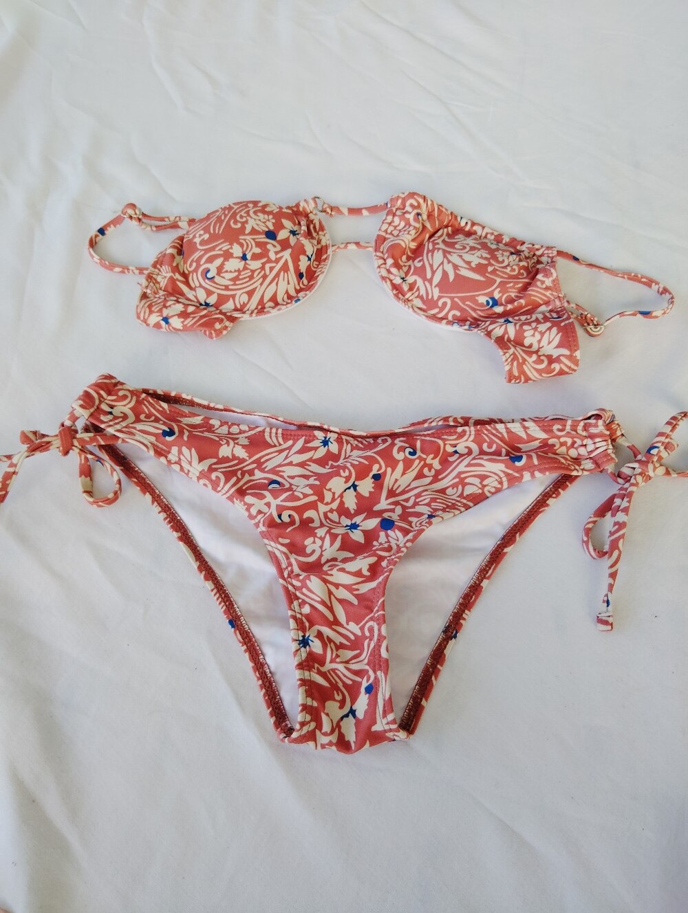 Floral Print Salmon Color Bikini Set with Tie Sides